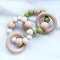 Infant Teething Rings Wooden Rattles Sensory Toys Retro Color Teether Bracelet 2pc Set