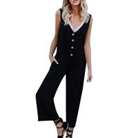 Hmlai Women's Summer Chiffon Sleeveless Button Decor Strappy Overall Casual Wide Leg Pant Romper Jumpsuit Playsuit (Black, XL)