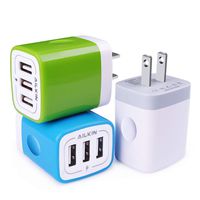 USB Plug in Wall Charger, Charging Block, 3Pack Ailkin 3.1A Fast Charge 3- Port Power Adapter Cube Box Brick Base Compatible with Phone, Pad, LG, Honor, Samsung, Kindle Fire, Blue, All USB