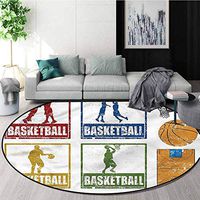RUGSMAT Basketball Non Slip Round Rugs,Grunge Basketball Sport Design Non-Slip Fabric Round Rugs for Living Room Round-47
