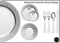 Royalty Settings Hammered Collection Hard Plastic Plates for Weddings for 120 Persons, Includes 120 Dinner Plates, 120 Salad Plates, 240 Forks, 120 Spoons, 120 Knives, White with Silver Rim