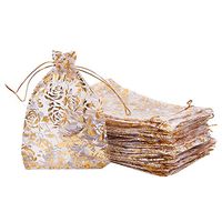 PH PandaHall 50pcs 5 x 7 Inches Golden Rose Flower Printed Organza Bags Jewelry Pouch Bags Organza Drawstring Pouches Wedding Favors Candy Gift Bags