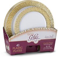 Laura Stein Designer Dinnerware Set of 32 Premium Plastic Wedding/Party Plates: White, Gold Rim. Set Includes 16 10.75" Dinner Plates & 16 7.5” Salad Plates | Glitz Series