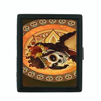 Sugar Skull D7 Small Black Metal Cigarette Case Day of The Dead Dia De Los Muertos Mexican Folk Art