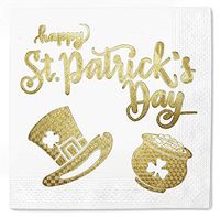 Happy St. Patrick's Party Day Coin Pack 50 Napkins White - Gold Foil Cocktail