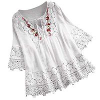 Meikosks Women's Lace Patchwork Blouses Plus Size T Shirt V-Neck 3/4 Sleeve Tops Loose Tee White