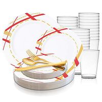 Disposable Plastic Dinnerware Wedding Value Set for 120 Guests - Fancy Round White with Red & Gold Dinner Plates, Dessert/Salad Plates, Gold Silverware Set & Cups For Birthday Party & Other Occasions