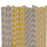 Yellow and Grey Paper Straw Mix - Striped and Polka Dots (100)