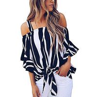 Meikosks Women's Striped Sling Tops Short Sleeve T Shirt Off Shoulder Blouses Tie Knot Tee Dark Blue