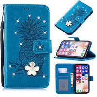 3D Crystal Flower Wallet Case for iPhone Xs Max 6.5",Aoucase Cute Pinapple Painted Diamond Magnetic Strap PU Leather Card Slot Shockproof Flip Stand Case with Black Dual-use Stylus,Blue