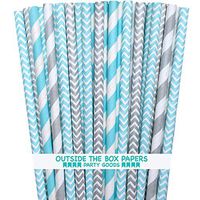 Outside the Box Papers Light Blue and Silver Stripe and Chevron Paper Straws 7.75 Inches 100 Pack Light Blue, Silver, White