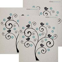 Bird and Flower Tree Set of 3 Each Swedish Dishcloths | ECO Friendly Absorbent Cleaning Cloth | Reusable Cleaning Wipes