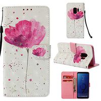 Wallet Case with Black Dual-use Pen for Samsung Galaxy S9,Aoucase Luxury Wrist String 3D Effect Pink Flower Painting Card Holder Shock Resistant Soft TPU PU Leather Case for Samsung Galaxy S9