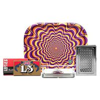 Job 1.5 Gold Rolling Papers, 79mm Roller, Lefties Rolling Tips, Metal Grinder Case, and Leaf Lock Gear Mini Rolling Tray (Trippy) – 5 Items – Bundle