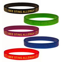 Custom Bee Sting Allergy ID Bracelet Wristband Combo - 5 Pack - 7 Inches - Youth - Black Blue Green Red Purple