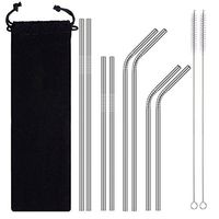 Sikye Reusable Straw 8.5 inches Long Straw Stainless Steel Metal Smoothie Straws with Cleaning Brushes Set,Free Pouch