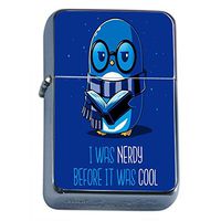 Cool Nerdy Penguin Flip Top Oil Lighter Em1 Smoking Cigarette Silver Case Included