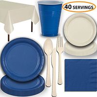 Disposable Party Supplies, Serves 40 - Blue and Cream - Large and Small Paper Plates, 12 oz Plastic Cups, Heavyweight Cutlery, Napkins, and Tablecloths. Full Two-Tone Tableware Set