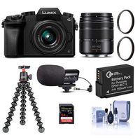 Panasonic Lumix DMC-G7 Mirrorless Camera with Lumix G Vario 14-42mm and 45-150mm Lenses Lens, Black - Bundle with 64GB SDXC Card, Joby GorillaPod 3K Kit, Stereo Condenser Mic, Spare Battery, More