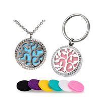 Silver Tree of Life Essential Oil Diffuser Necklace 316L Surgical Grade Stainless Steel Locket Pendant Aromatherapy Jewelry for Women with 24’’ Adjustable Chain+Keyring+6 Washable Refill Pads