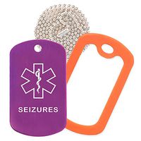 Seizures Medical Alert ID Necklace with Purple Tag, Orange Silencer, and 30'' USA Chain - 154 Color Choices
