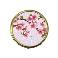 Colorful Spring With Sakura Blossom Custom Fashion Bronze Tone Round Pill Box Medicine Tablet Holder Wallet Organizer Case for Pocket or Purse