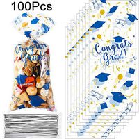 100 Pieces Graduation Cellophane Treat Bags, Blue Gold Congrats Graduates Candy Gift Bags Plastic Clear Goodie Wrapping Bags with 100 Silver Twist Ties for Graduation Day Grad Party Supplies