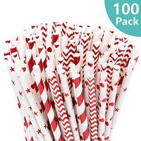 100 PCS Biodegradable Paper Straws - Red Drinking Straws, Metallic Foil Striped/Wave/Heart Disposable Paper Straws for Birthday, Wedding, Baby Shower, Celebrations & 2020 New Years Eve Party Supplies