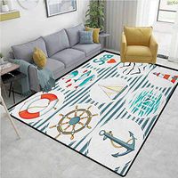 YucouHome Nautical Striped Area Rug Under Table, Sea Set with Fishes Lifebuoy Gulls Lighthouse Marine Inspired Maritime Theme, Fashionable High Class Living Bedroom Rugs(6'x 9') White Red Blue