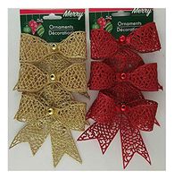 3 Ct. Christmas Ornaments Glitter Bows Mica w Loops (Gold)