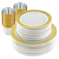 150 Pc Elegant Gold Diamond Shape Plastic Dinnerware Set | Bundle of 10.25” Plates + 7.5” Plates + 9oz Cups | High-End Disposable Party Supplies For Weddings, Housewarming, Graduation & Parties