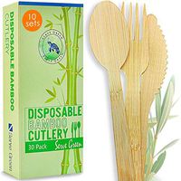 SERVE GREEN Disposable Wooden Cutlery, 10 Sets PREMIUM BAMBOO Reusable Biodegradable Utensils, Large Strong Spoons Forks Knives for Travel, Camping and Party, Alternative to Plastic Silverware
