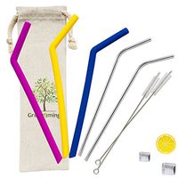 April Travel Slicone Bendy Straw, 3 Soft Smoothies Straws + 2 Reusable Metal Straws, 10.5 inch Straws with 2 Cleaning Brush, Beverage Straws with Pouch Blue Yellow Purple Straw
