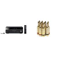 Yamaha RX-V385 5.1-Channel 4K Ultra HD AV Receiver with Bluetooth & Monoprice Gold Plated Speaker Banana Plugs - 5 Pairs - Closed Screw Type, for Speaker Wire, Home Theater, Wall Plates and More