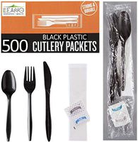 500 Plastic Cutlery Packets - Knife Fork Spoon Napkin Salt Pepper Sets | Black Plastic Silverware Sets Individually Wrapped Cutlery Kits, Bulk Plastic Utensil Cutlery Set Disposable To Go Silverware