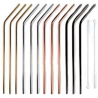 12+2 Pcs Reusable Stainless Steel Straws, Metal Straws, 4 Colors Gold, Silver, Rose Gold & Black - 20 oz and 30 oz Tumblers Straws (Bent)