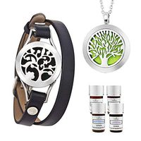 LorFain Essential Oil Bracelet and Necklace, Stainless Steel Aromatherapy Pendant Locket Bracelets Leather Band with 48 Pads in 4 Scents, Girls Women Jewelry Gift Set - Black