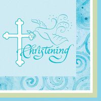 16-Count Christening Beverage Napkins, Blue Faithful Dove Cross