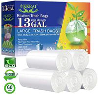OKKEAI Biodegradable Garbage Bag 13 Gallon Kitchen Trash Recycled Bags for Office,Bathroom,White,60 Count Fit 10,11,12Gal 45-50 Liter