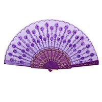 Dance Folded Hand Fan, Elegant Embroidered Flower Peacock Pattern Sequin Fabric Folding Handheld Hand Fan Hand-Crafted
