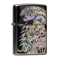 Mother of Pearl Handmade Tiger in Bamboo Forest Design Flip Top Windproof Metal Chrome Pocket Oil Cigarette Tobacco Smoking Camping Lighter