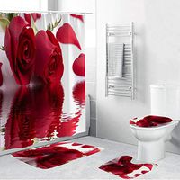 Naiflowers 4 Piece Non-Slip Bathroom Toilet Rug Mats pad & Rug Contour& Shower Curtain with Hooks & Lid Cover, Entryway Kitchen Washable Bath Shower Curtain Carpet,Rose