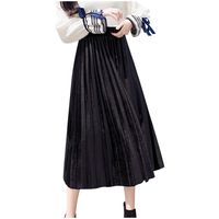 Sunhusing Women's Gold Velvet Pleated Skirt Winter Casual Solid Color Mid Length High Waist A-Line Skirt(Black,XL)
