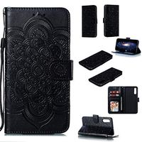 Cfrau Wallet Case with Black Stylus for Samsung Galaxy A50,Beautiful Mandala Sunflower Embossed PU Leather Magnetic Flip Stand Soft Silicone Card Slots Case with Wrist Strap - Black