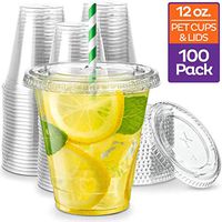 [100 Sets - 12 oz.] Clear Plastic Cups with Straw Slot Lid, PET Crystal Clear Disposable 12oz Plastic Cups with lids