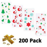 200 Pieces Christmas Cellophane Treat Bags, Snowflake Snowman Christmas Tree Santa Patterns Candy Cookie Bags with 300 Pieces Twist Ties, Holiday Party Favor Bags.