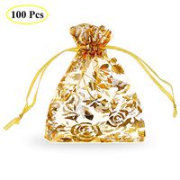 SumDirect Drawstring Organza Bags, Jewelry Favor Pouches with Gold Rose Print for Gift Wedding Party Festival,100Pcs,3.5x4.5inches,Gold