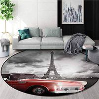 RUGSMAT Paris Round Area Rug,Fancy Vintage Car with Tour Eiffel in Cold Cloudy Day Romantic Theme Retro Style Art Indoor/Outdoor Round Area Rug,Diameter-35 Inch Grey Red