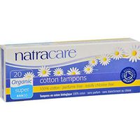 Natracare Organic Non-Applicator Super 20 count Non-Chlorine Bleached (GMO-Free) 100% Cotton Tampons - 3PC