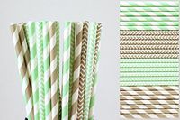 Mint Green and Grey Paper Straw Mix - Striped, Chevron (75)